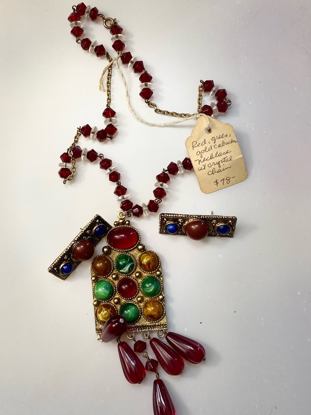 Vintage Gold-Tone Multicolor Pendant Necklace with Red Beaded Chain Ear Rings